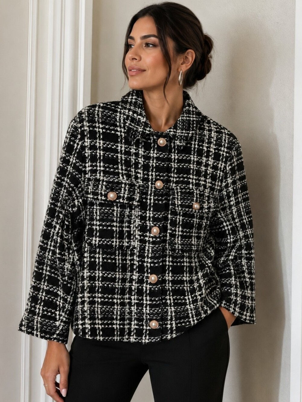 ZARA Black & White Plaid Tweed Pearl Button Oversized Jacket Shacket Medium